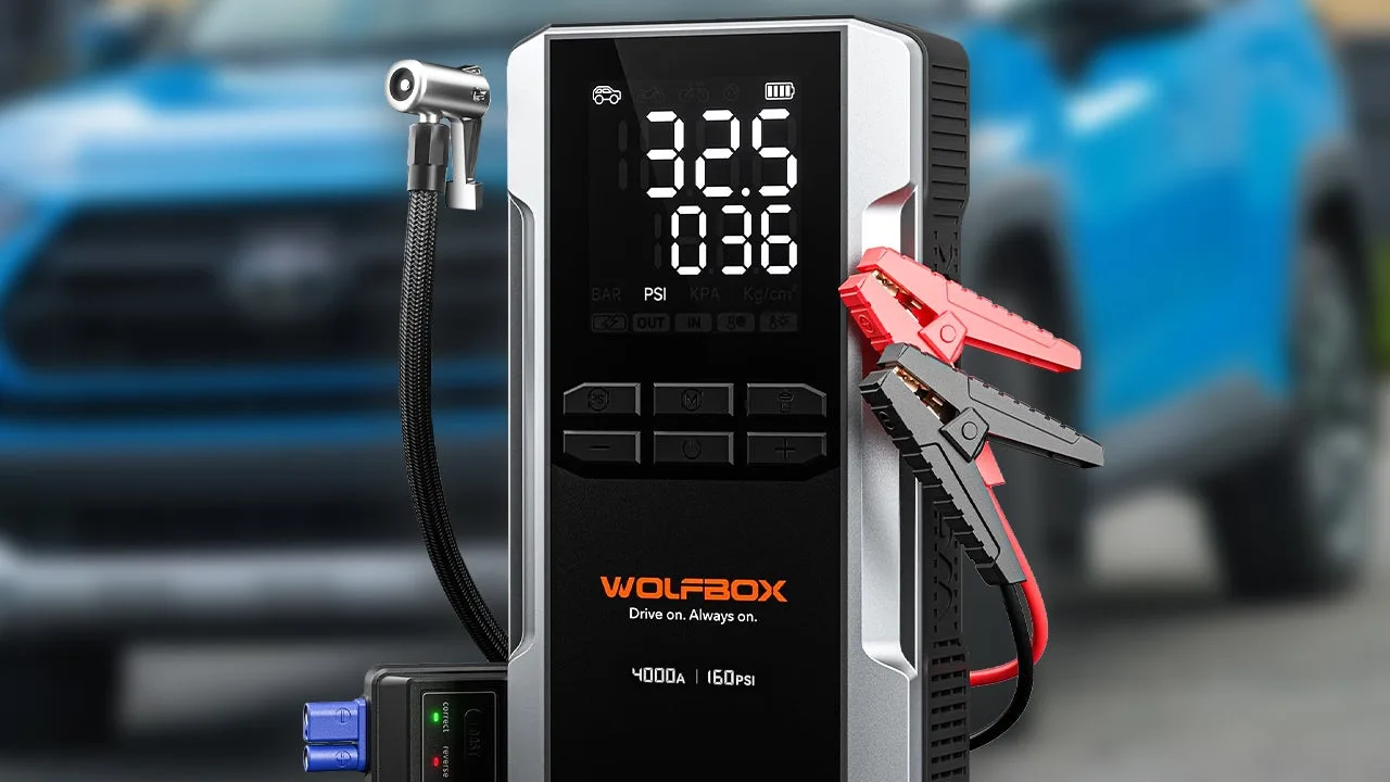 Ahorra un 60%: El Arrancador de Batería, Inflador de Neumáticos y Batería Portátil de 24,000mAh de Wolfbox en un Solo Dispositivo